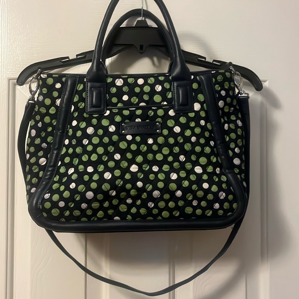 Vera Bradley Black Satchel with Green and White Polka Dots